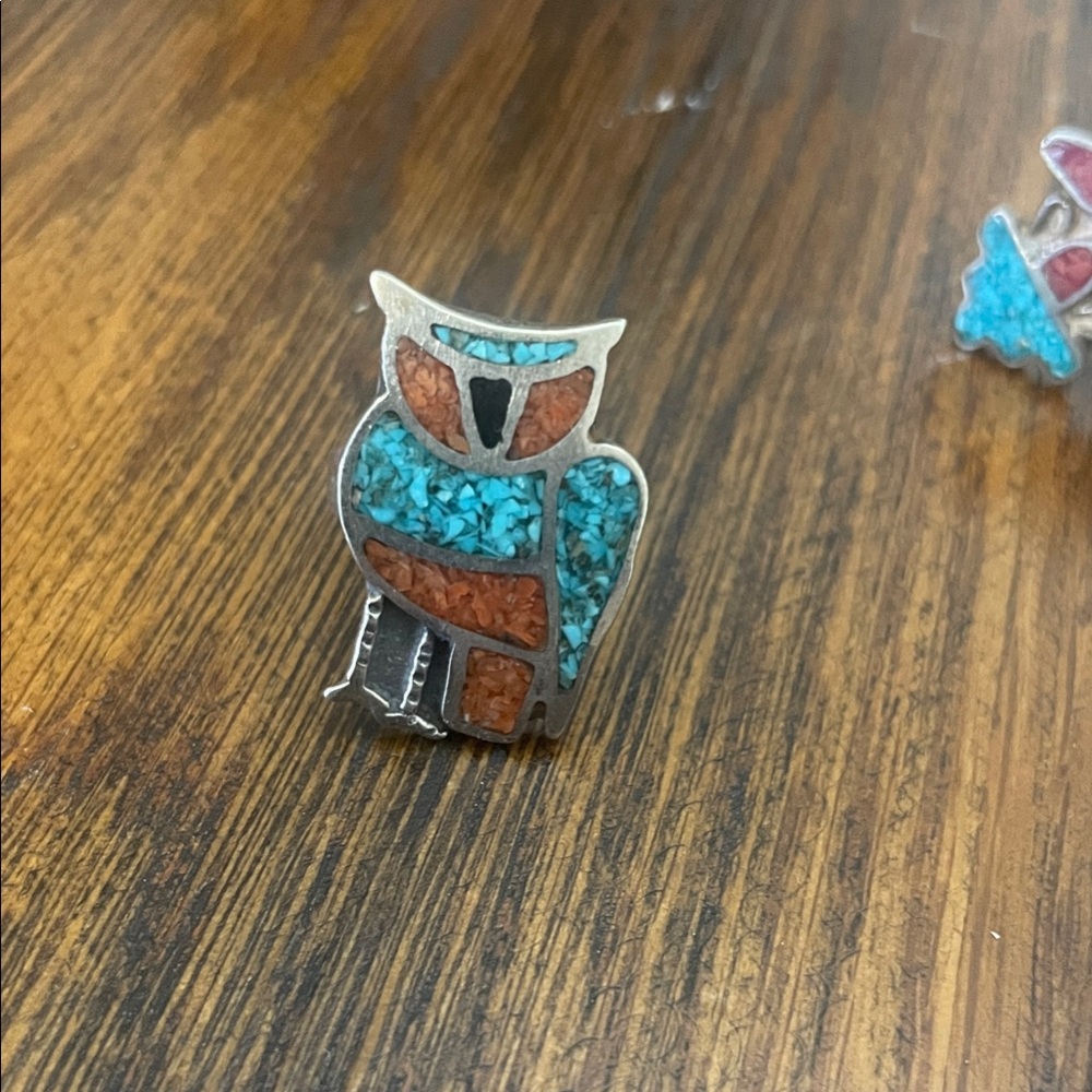 Turquoise and Coral Owl Inlay Ring